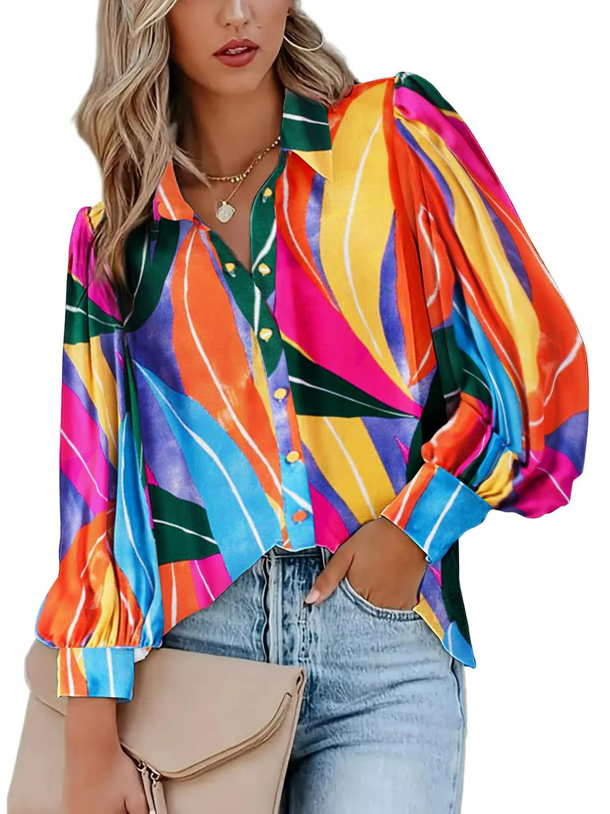 Weardear Womens Shirts Button Down Printed Lantern Long Sleeve Blouse Fashion Casual Tops 2025