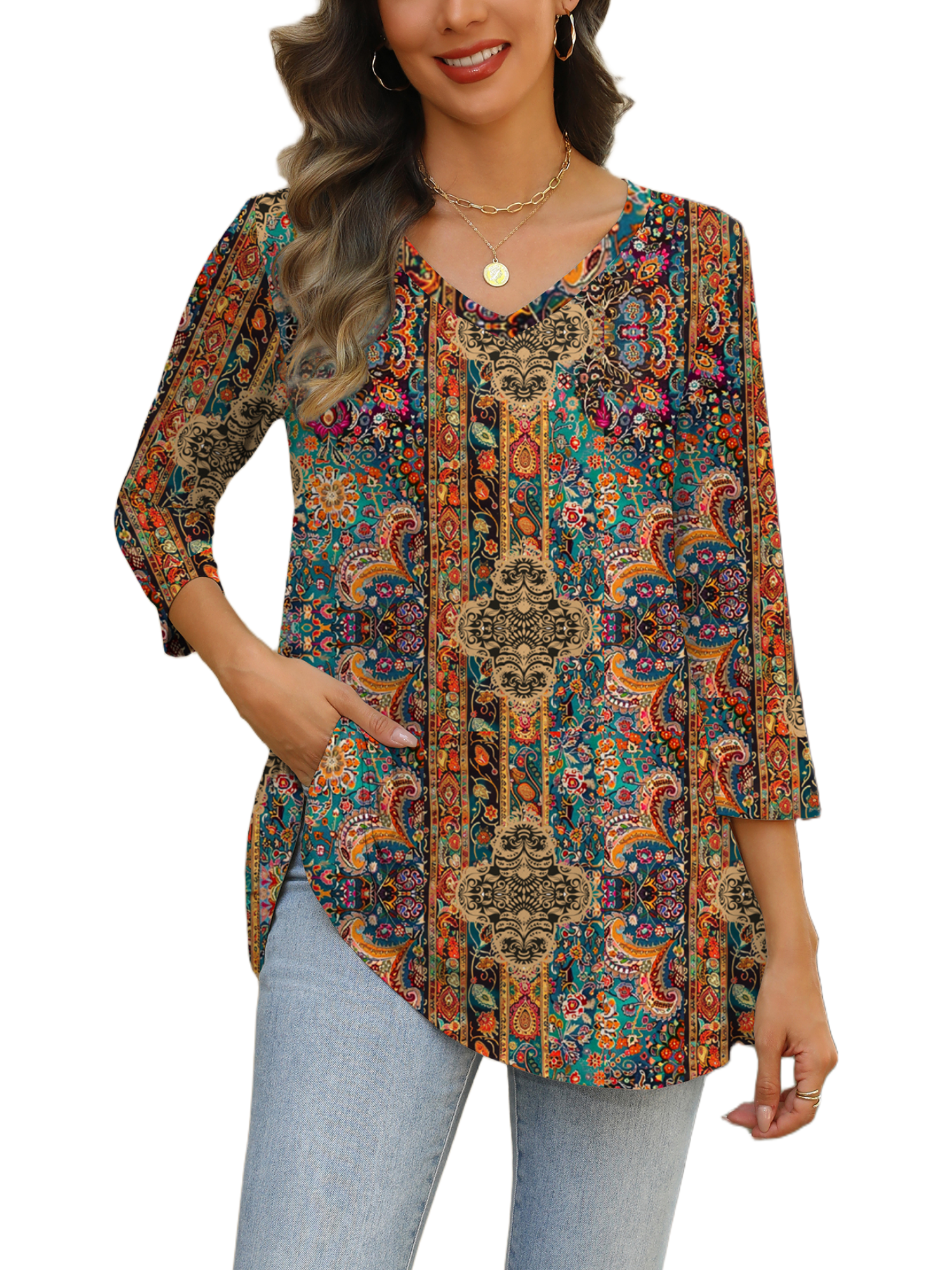 Weardear Womens V Neck 3/4 Sleeve Dressy Blouses Casual Loose Fit Tunic Tops Boho Business Blouses