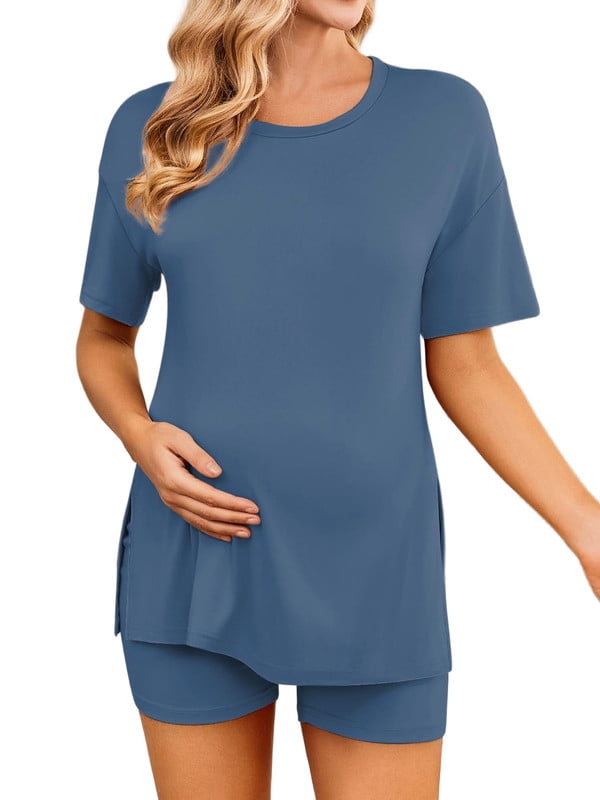 Weardear Maternity Sets 2 Piece Outfits Drop Shoulder Short Sleeve Split Side Shirts and Biker Shorts Summer Pregnancy Clothes