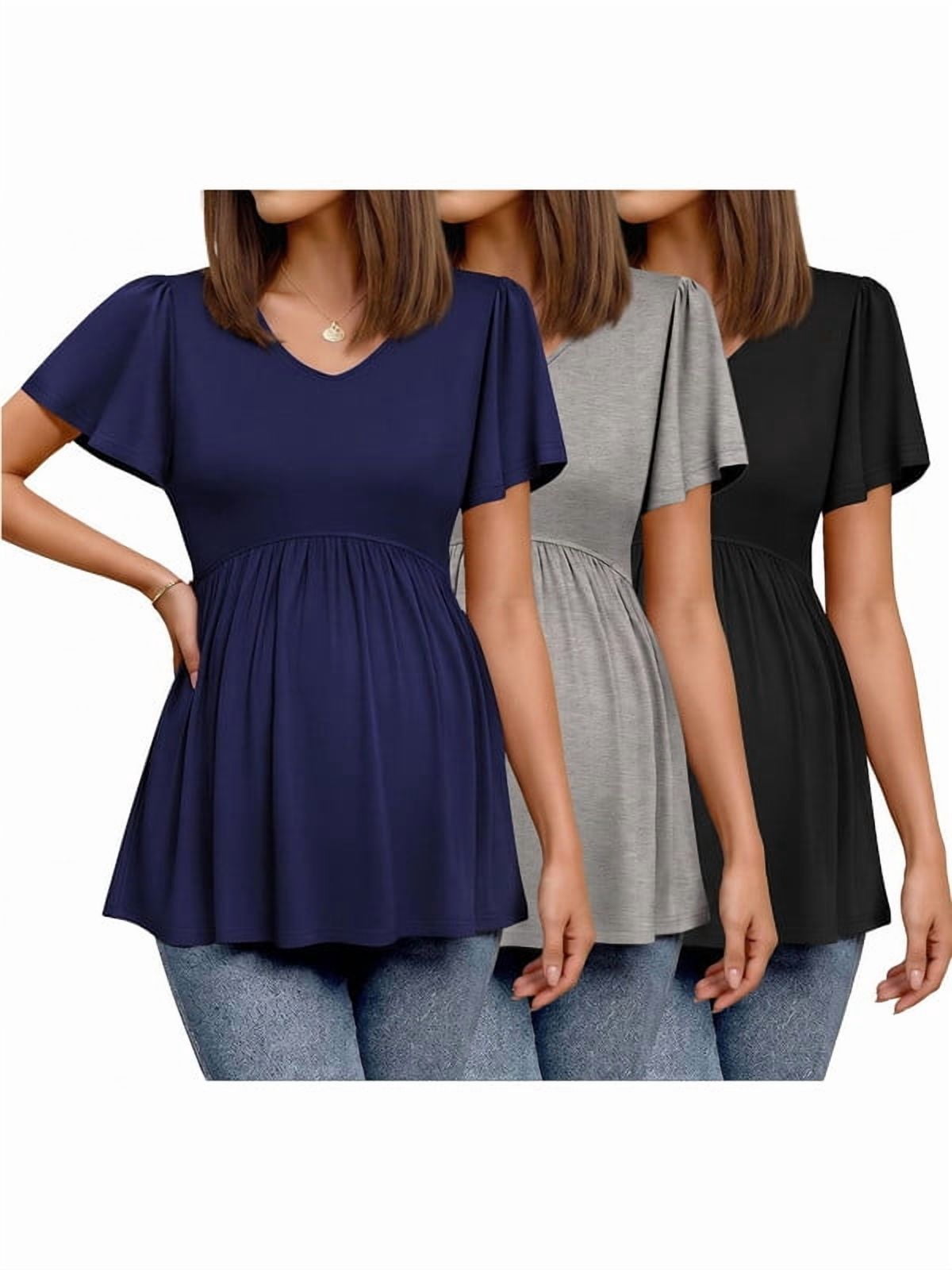 Weardear 3 Packs Womens Maternity Shirts Flying Short Sleeve V Neck T-Shirt Summer Empire Waist Pregnancy Tops