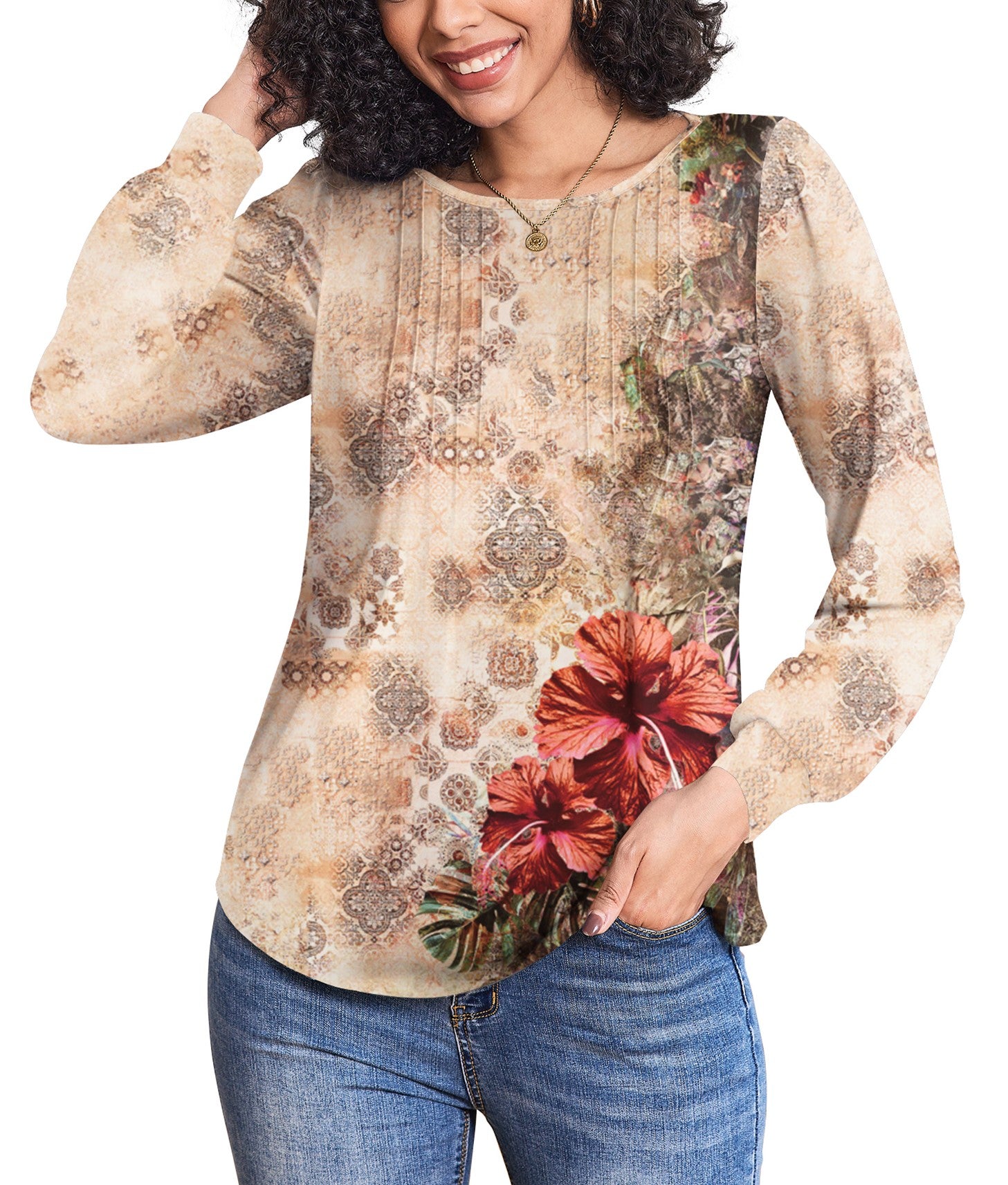 Weardear Women's Fall Blouses Puff Long Sleeve Pleated Crew Neck Tunic Tops Dressy Casual Loose Work T-Shirts