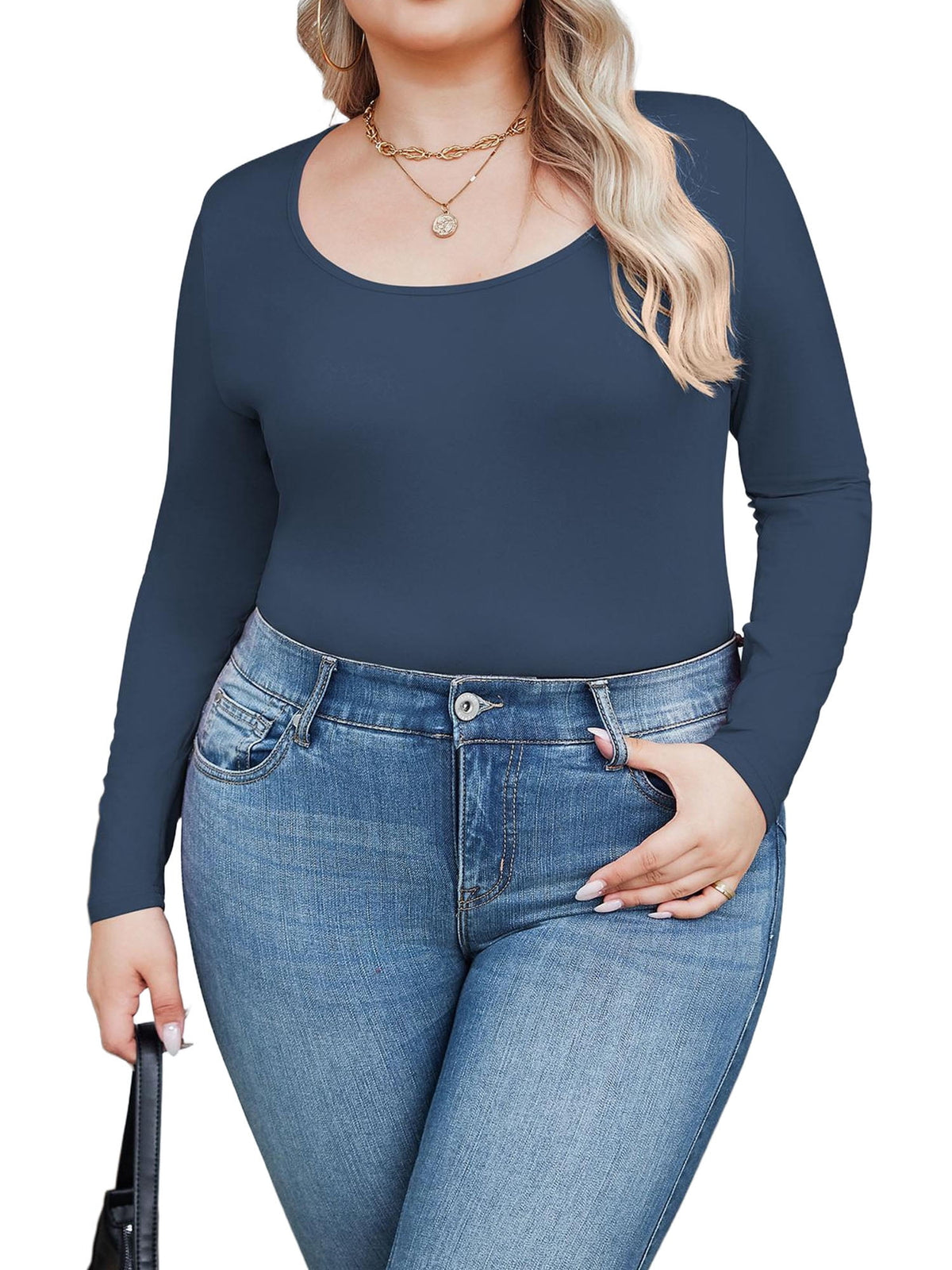 Weardear Plus Size Tops for Women Scoop Neck Long Sleeve Tight T Shirts Casual Basic Tunic Tops