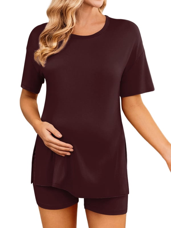 Weardear Maternity Sets 2 Piece Outfits Drop Shoulder Short Sleeve Split Side Shirts and Biker Shorts Summer Pregnancy Clothes