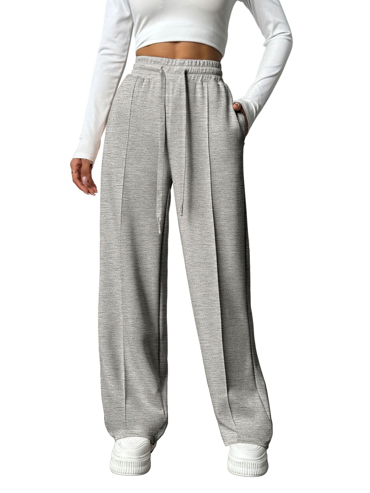 Weardear Petite Wide Leg Sweatpants for Women Drawstring Elastic Pants with Pockets High Waisted Workout Baggy Sweatpants