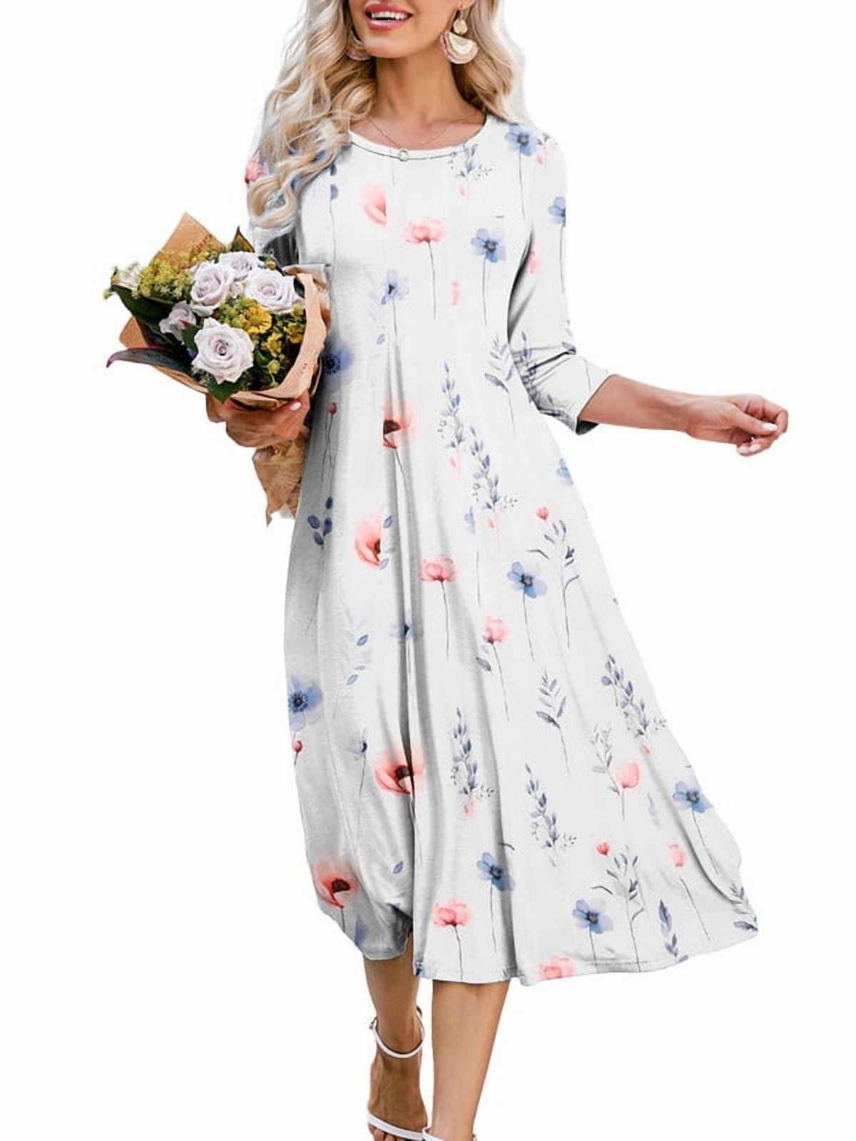 Weardear 3/4 Sleeve Dress for Women Midi T Shirt Dresses Casual Crew Neck Loose Fit Dress