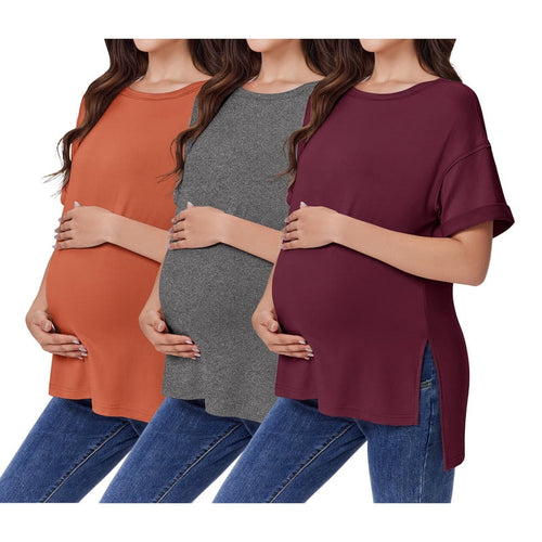 Weardear 3 Pack Maternity Shirts Split Side Oversized Pregnancy Tops Crew Neck Short Sleeve Postpartum Clothes