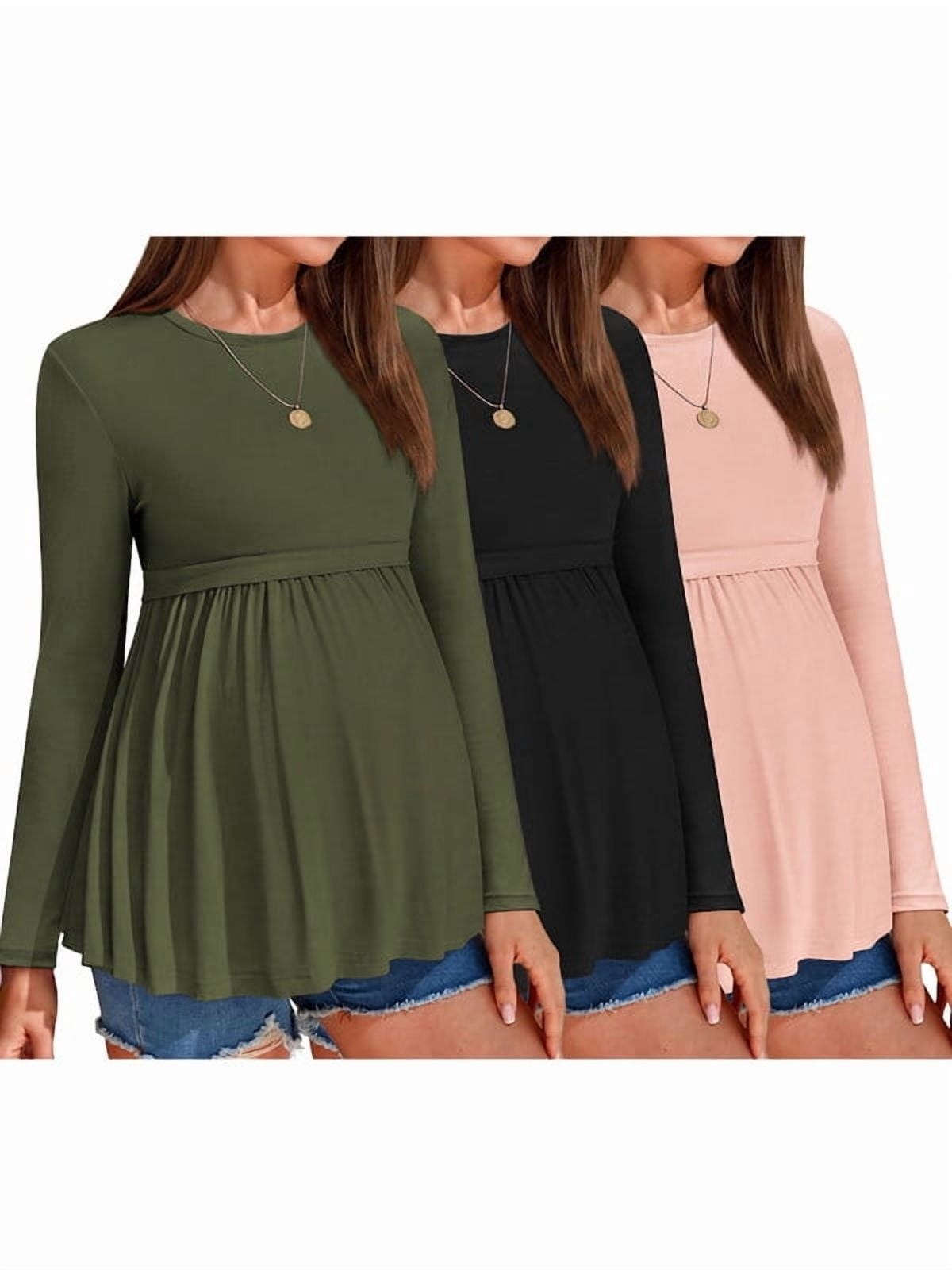 Weardear 3 Pack Womens Maternity Tops Pleated Long Sleeve Pregnancy Shirts Regular Fit Tunic Casual Maternity Clothes