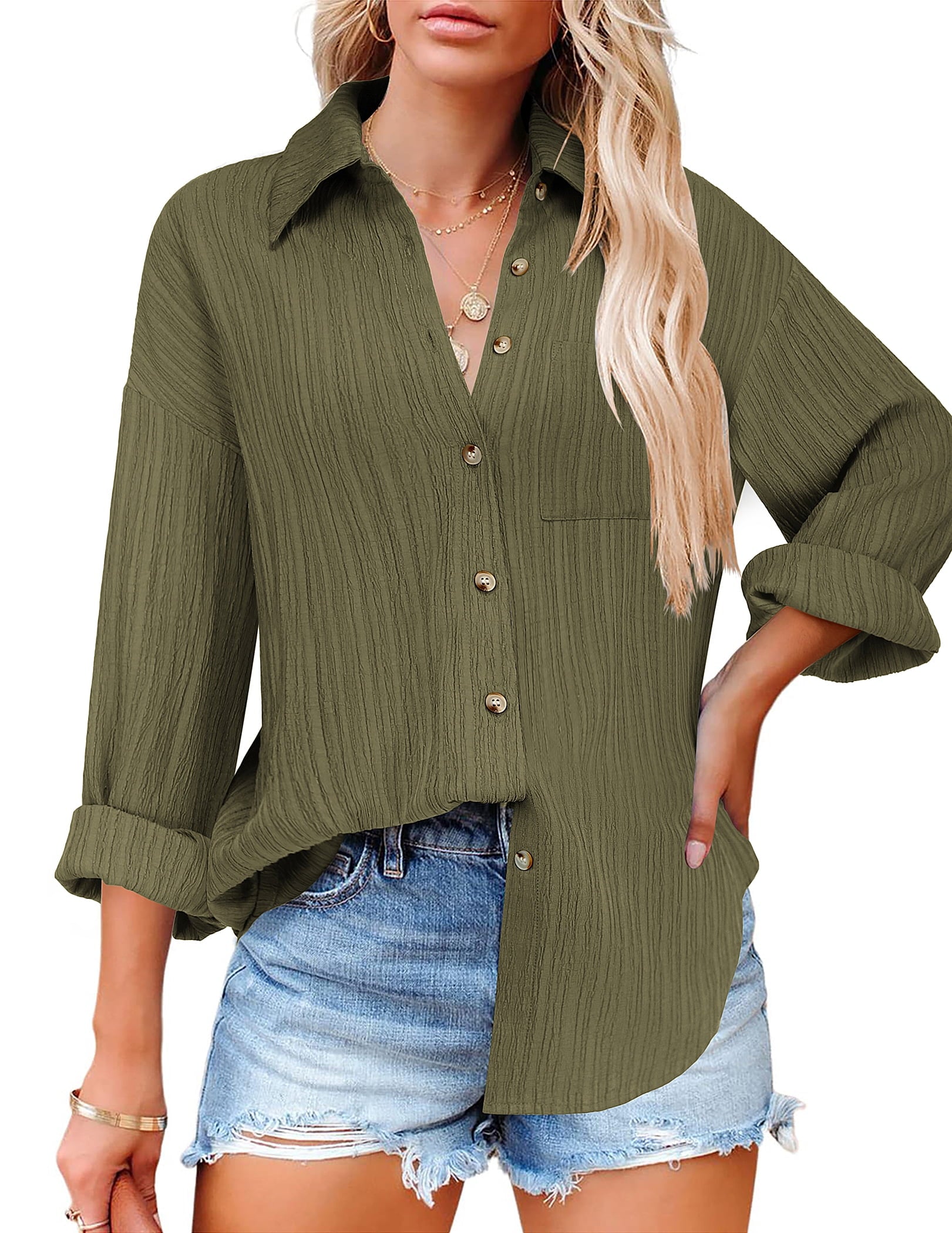 Weardear Womens Button Down Shirts Casual Long Sleeve Dress Shirt Textured Collared Work Blouse Top with Pocket