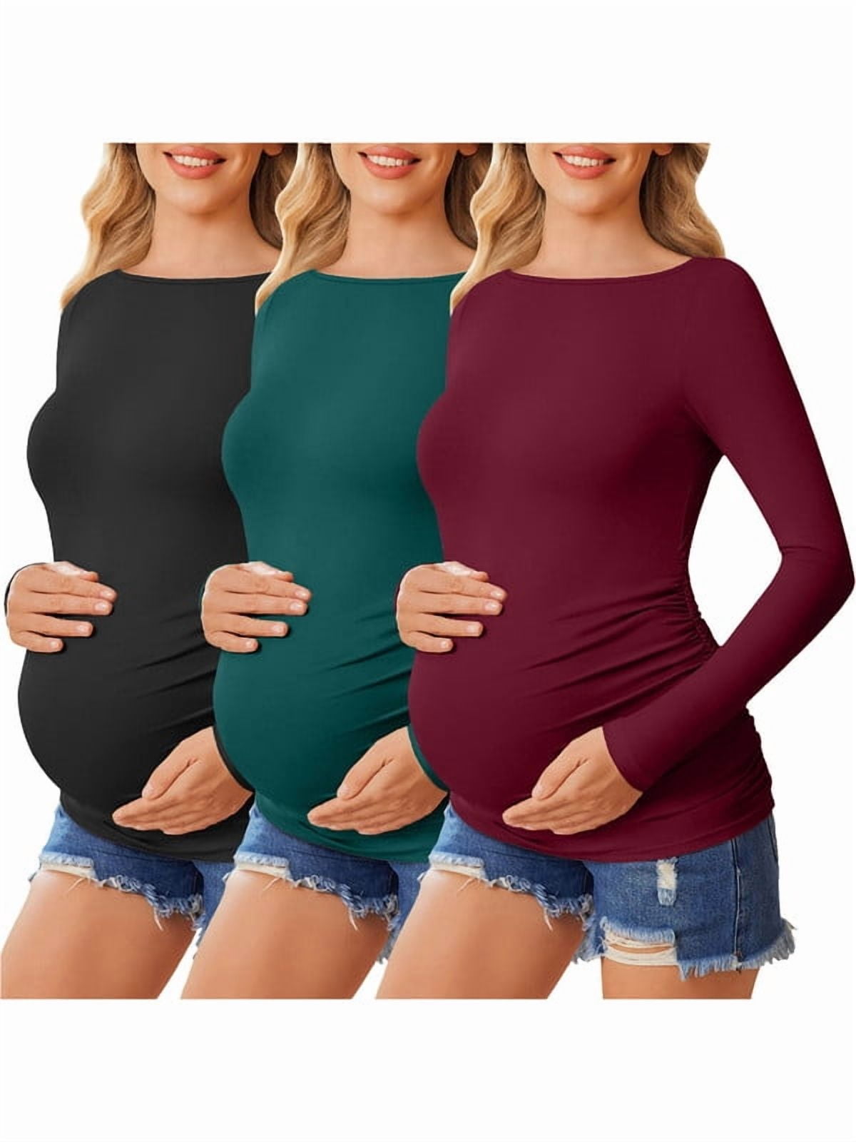 Weardear 3 Packs Maternity Tops Long Sleeve Boat Neck Pregnancy Tunic T Shirts Side Ruched Casual Pregnant Clothes