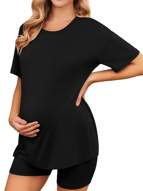 Weardear Maternity Sets 2 Piece Outfits Drop Shoulder Short Sleeve Split Side Shirts and Biker Shorts Summer Pregnancy Clothes