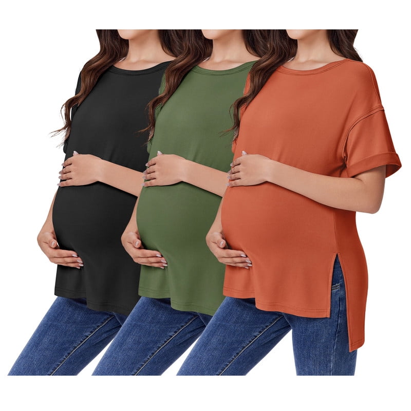 Weardear 3 Pack Maternity Shirts Split Side Oversized Pregnancy Tops Crew Neck Short Sleeve Postpartum Clothes