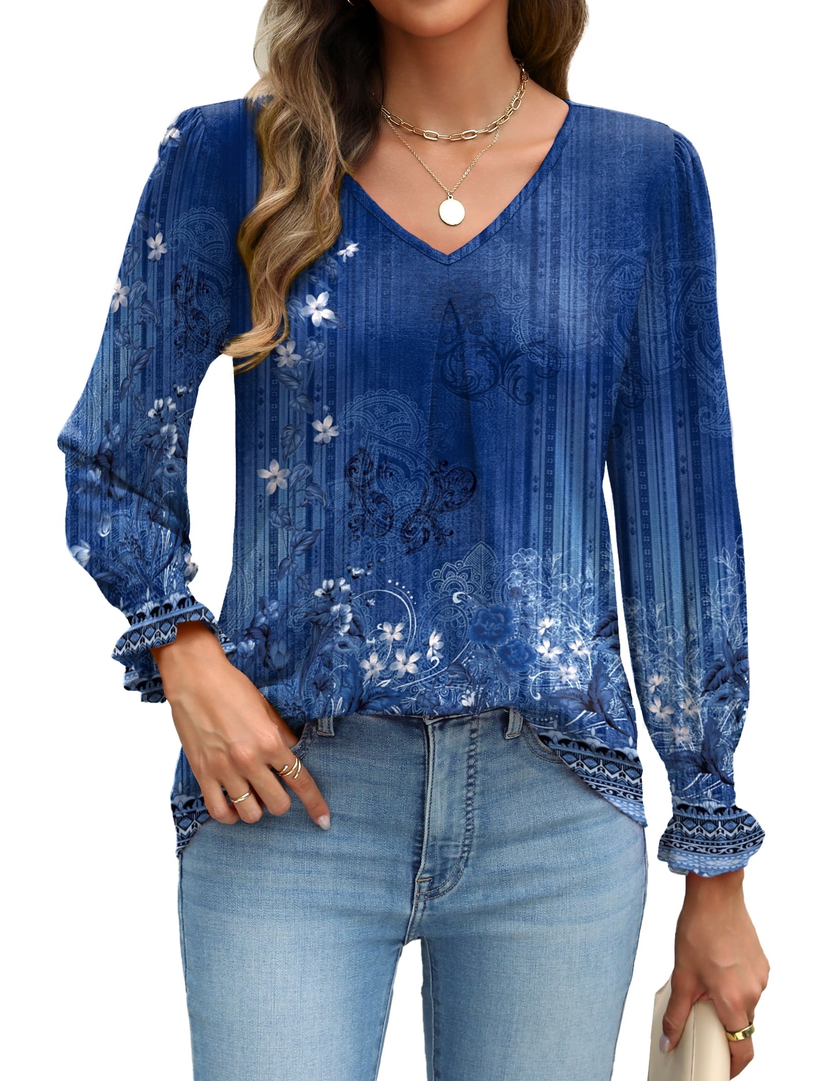 Weardear Long Sleeve Tops for Women Casual V Neck Loose Chiffon Work Blouse Smocked Tunic Shirts