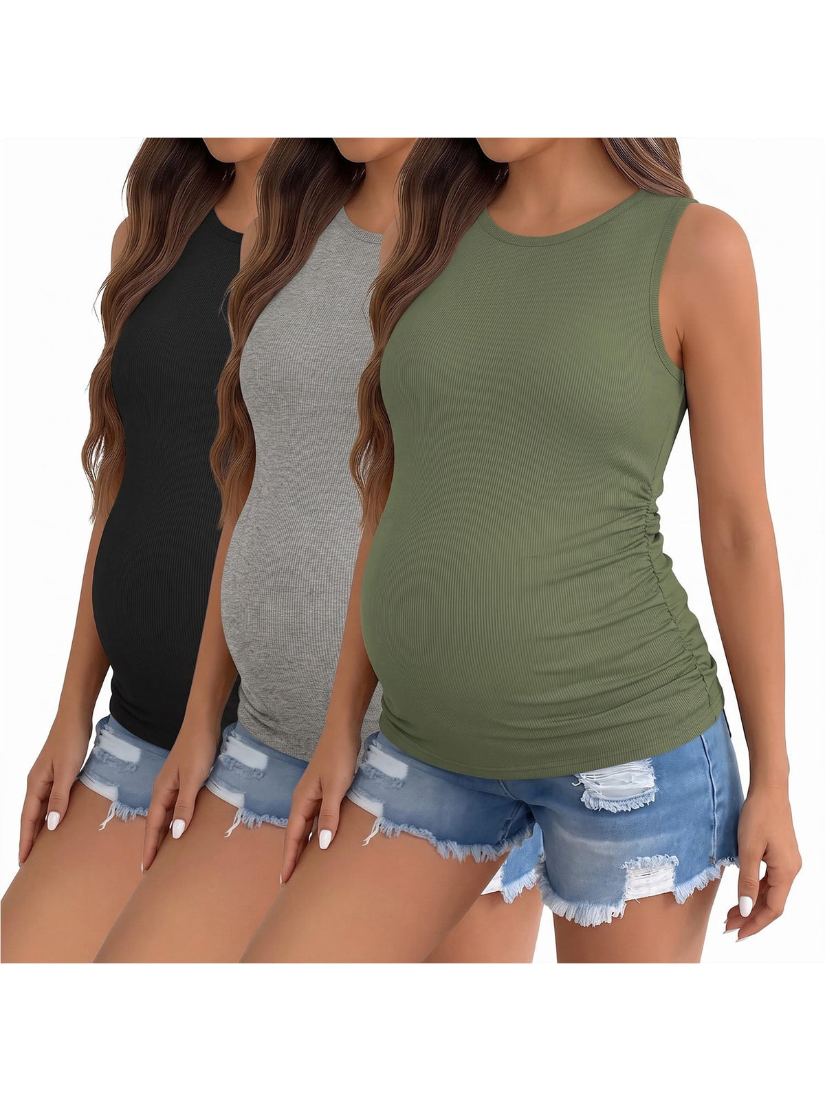 Weardear 3 Pack Maternity Tank Tops Ruched Side Ribbed Knit Pregnancy Shirts Sleeveless Crew Neck Postpartum Clothes