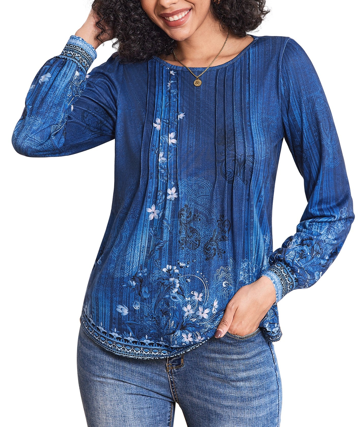 Weardear Women's Fall Blouses Puff Long Sleeve Pleated Crew Neck Tunic Tops Dressy Casual Loose Work T-Shirts
