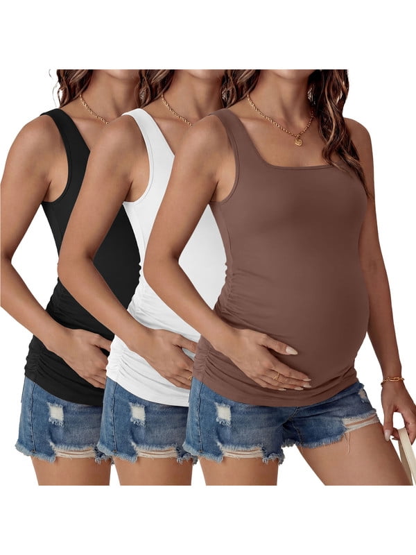 Weardear 3 Pack Womens Maternity Tank Tops Square Neck Ruched Side Pregnant Basic T Shirt Casual Sleeveless Pregnancy Tunic Tops