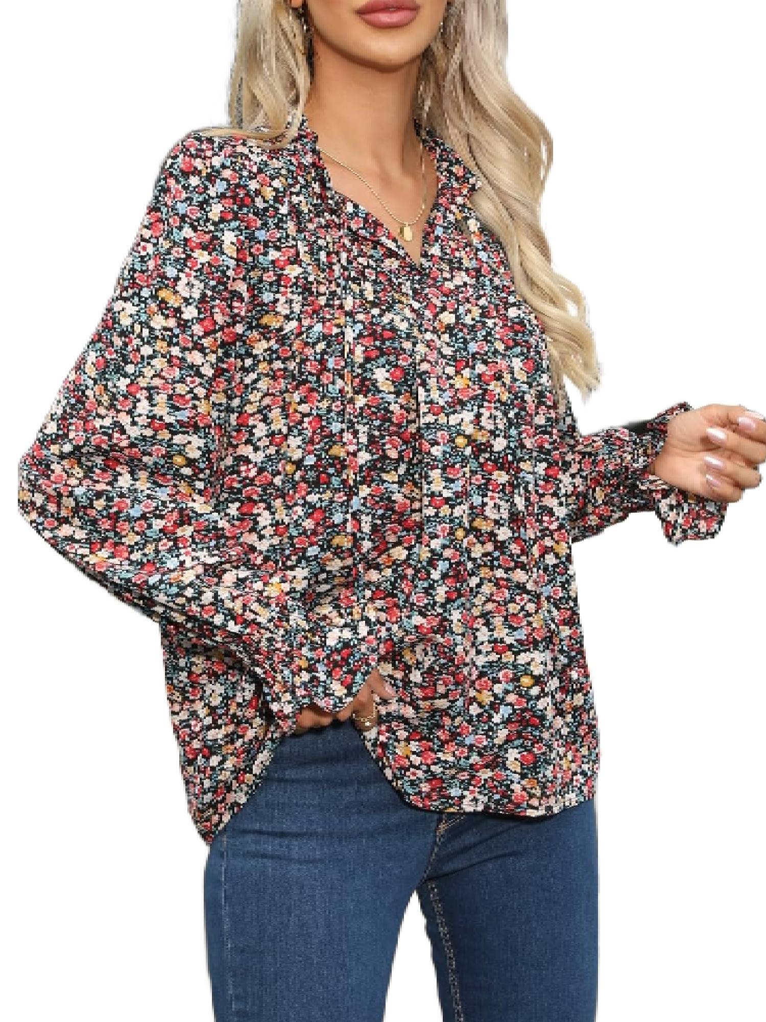 Weardear Flowy Long Sleeve Tops for Women Casual Boho Blouse Floral Printed V Neck Shirts