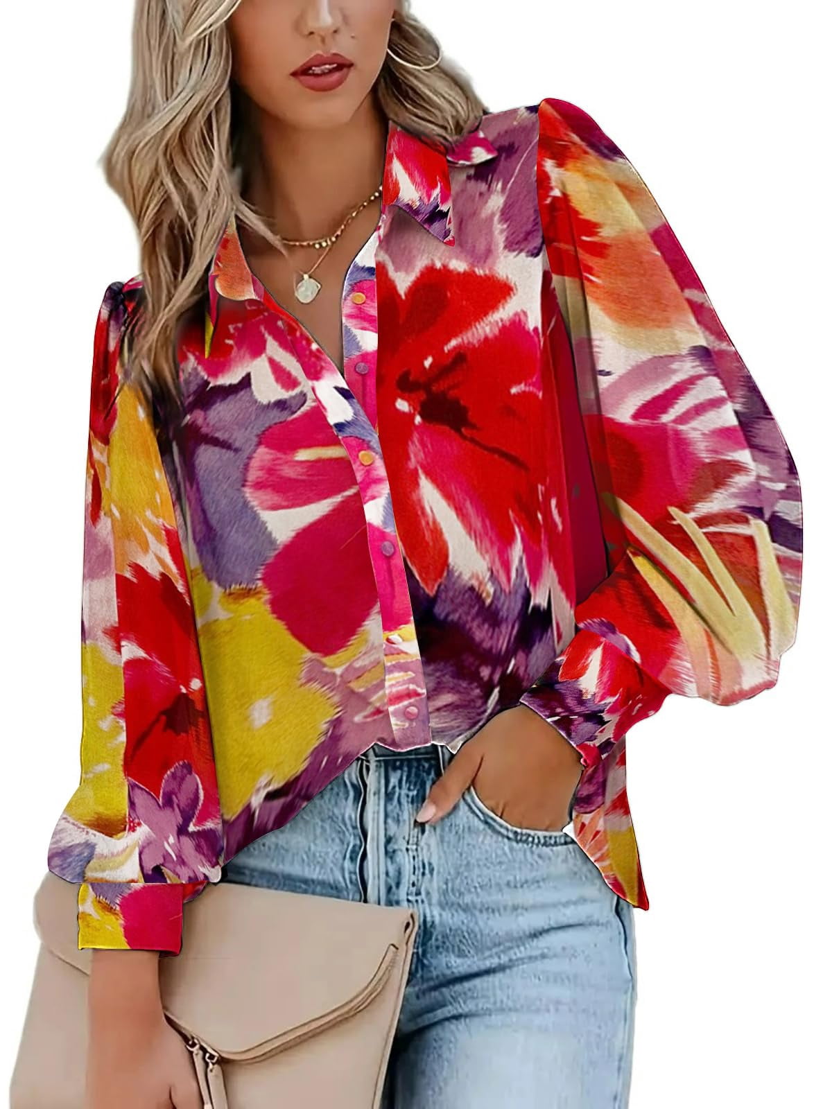 Weardear Womens Shirts Button Down Printed Lantern Long Sleeve Blouse Fashion Casual Tops 2025
