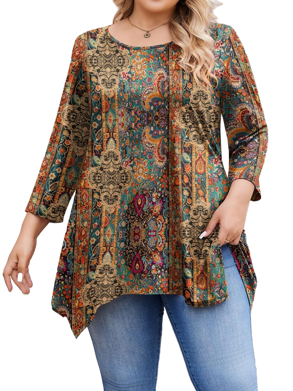 Weardear Plus Size Tops for Women 3/4 Sleeve Round Neck Tunic Top Loose Fit Flowy Blouse