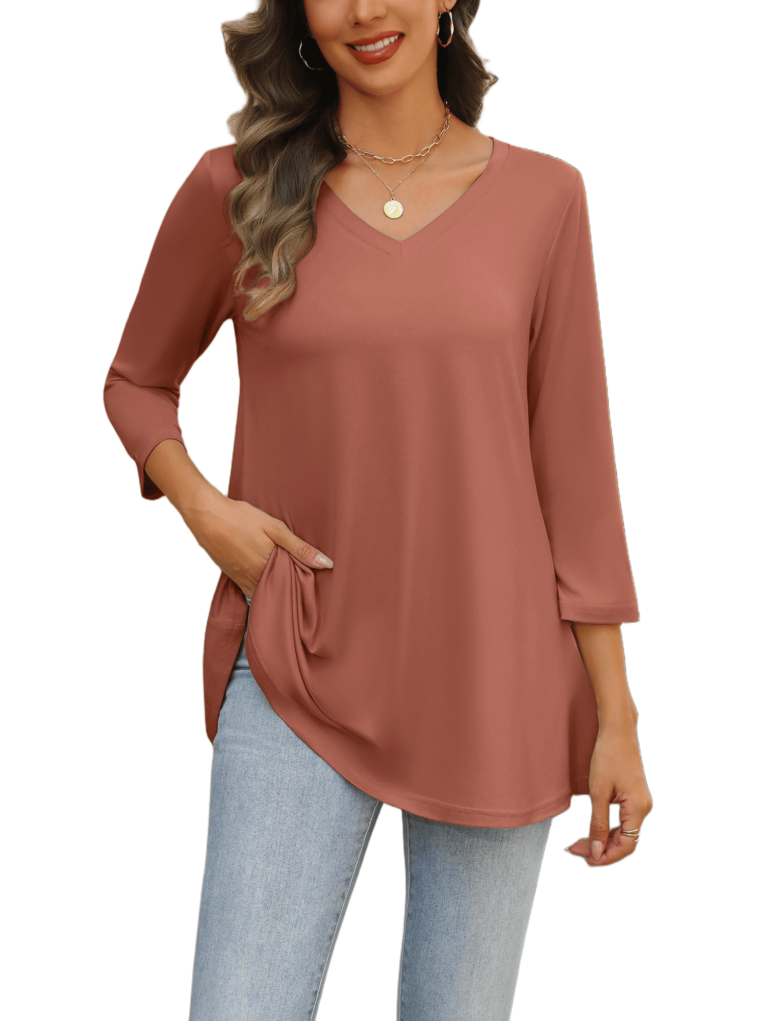 Weardear Womens V Neck 3/4 Sleeve Dressy Blouses Casual Loose Fit Tunic Tops Boho Business Blouses