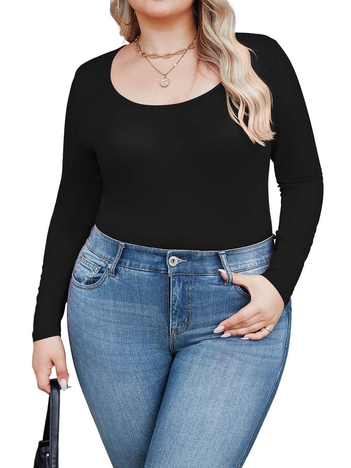 Weardear Plus Size Tops for Women Scoop Neck Long Sleeve Tight T Shirts Casual Basic Tunic Tops