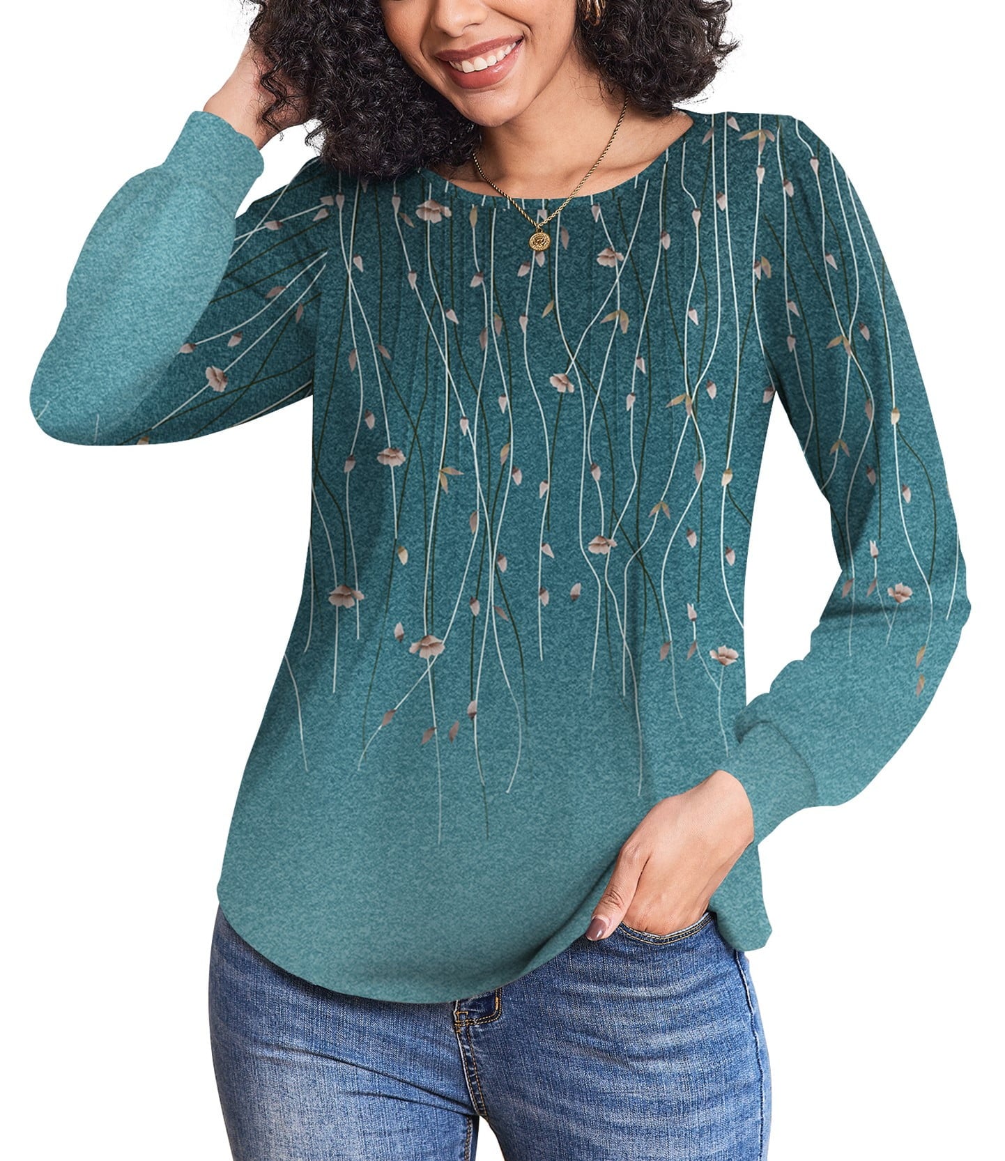 Weardear Women's Fall Blouses Puff Long Sleeve Pleated Crew Neck Tunic Tops Dressy Casual Loose Work T-Shirts