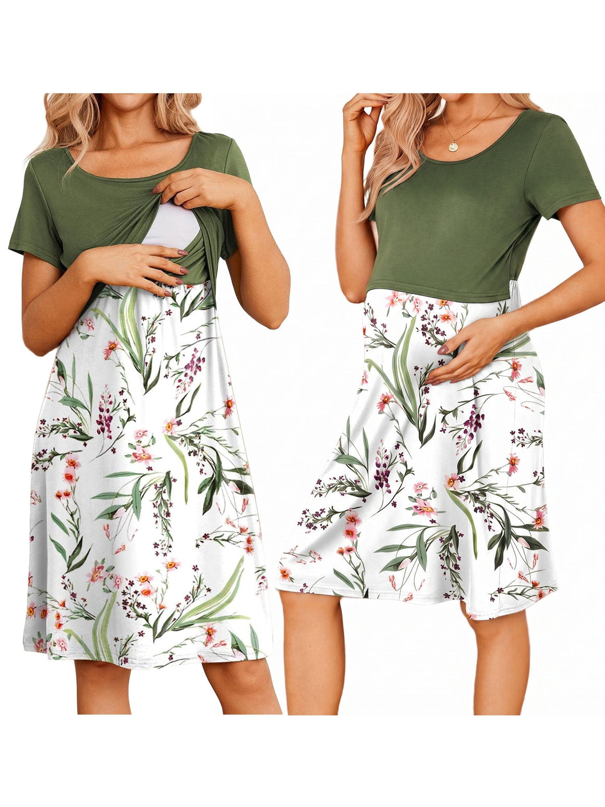 Weardear Maternity Dress Short Sleeve Nursing Dresses Casual Knee Length Patchwork Breastfeeding Labor and Delivery Gown