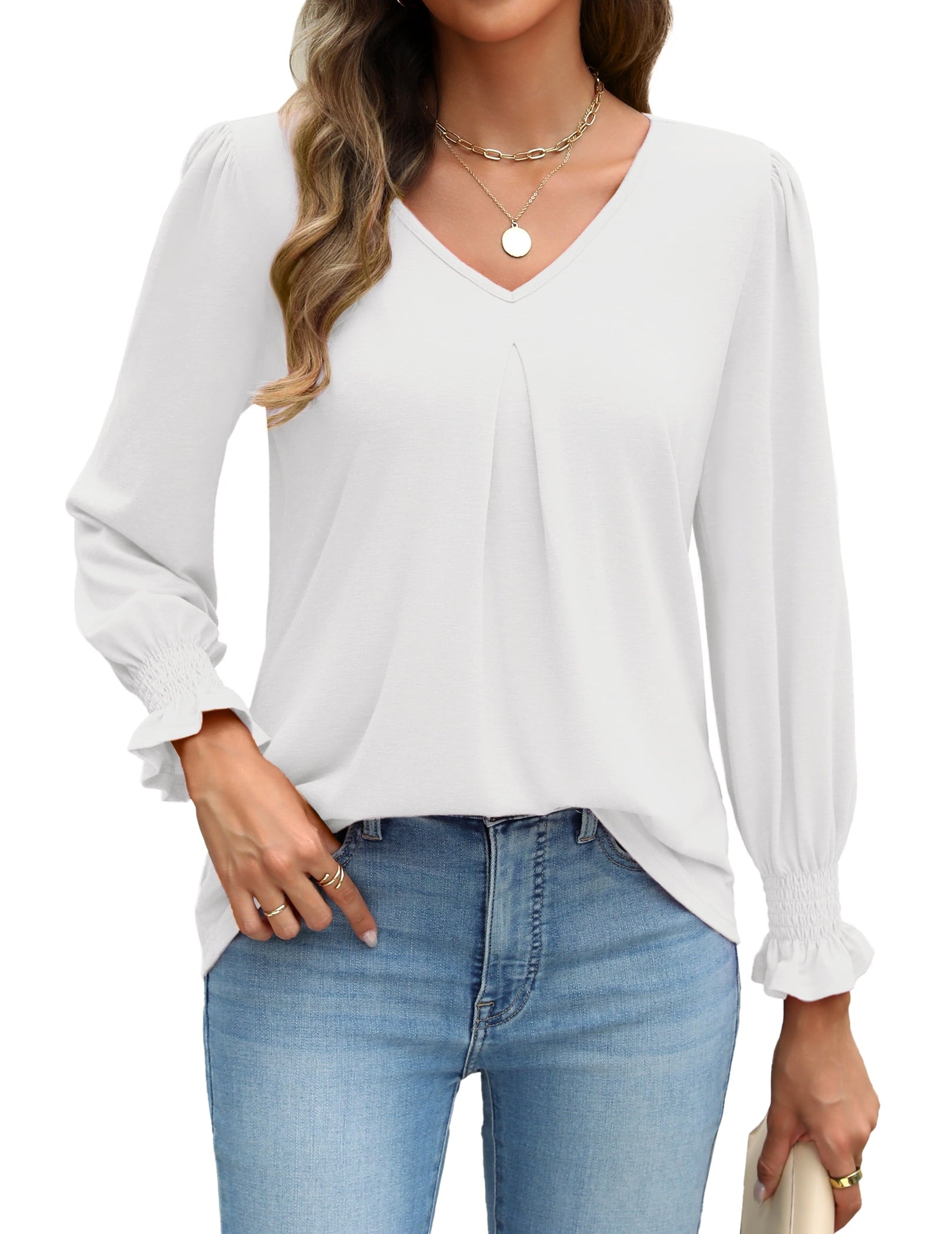 Weardear Long Sleeve Tops for Women Casual V Neck Loose Chiffon Work Blouse Smocked Tunic Shirts