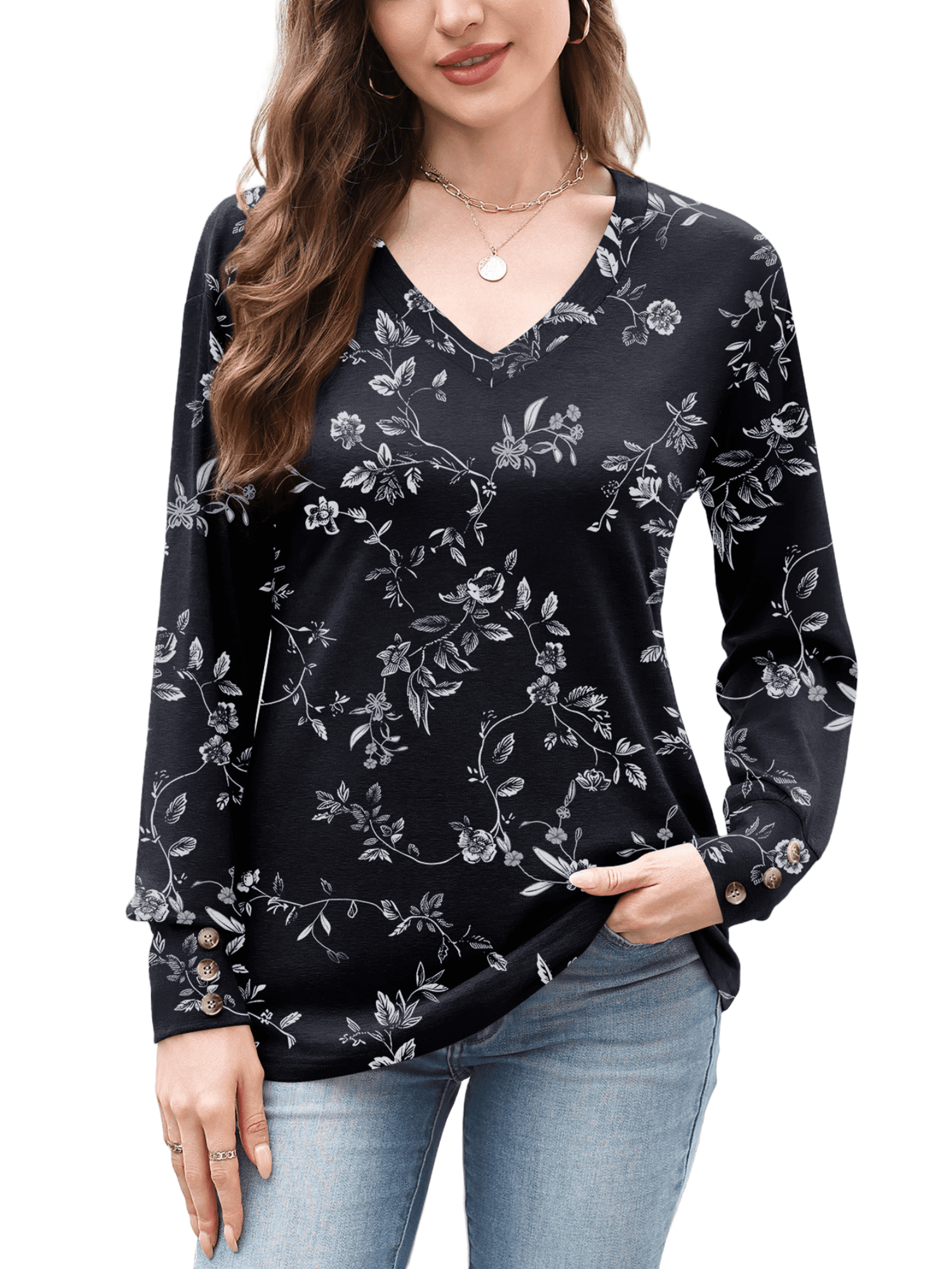 Weardear Women Casual Dressy Tops V Neck Long Sleeve Blouse Loose Fit Trendy Tunic Clothes