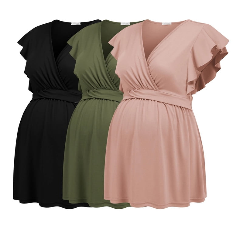 Weardear 3 Pack Maternity Tops Flying Shorts Sleeve Nursing Shirts V Neck Ruched Twisted Pregnancy Clothes