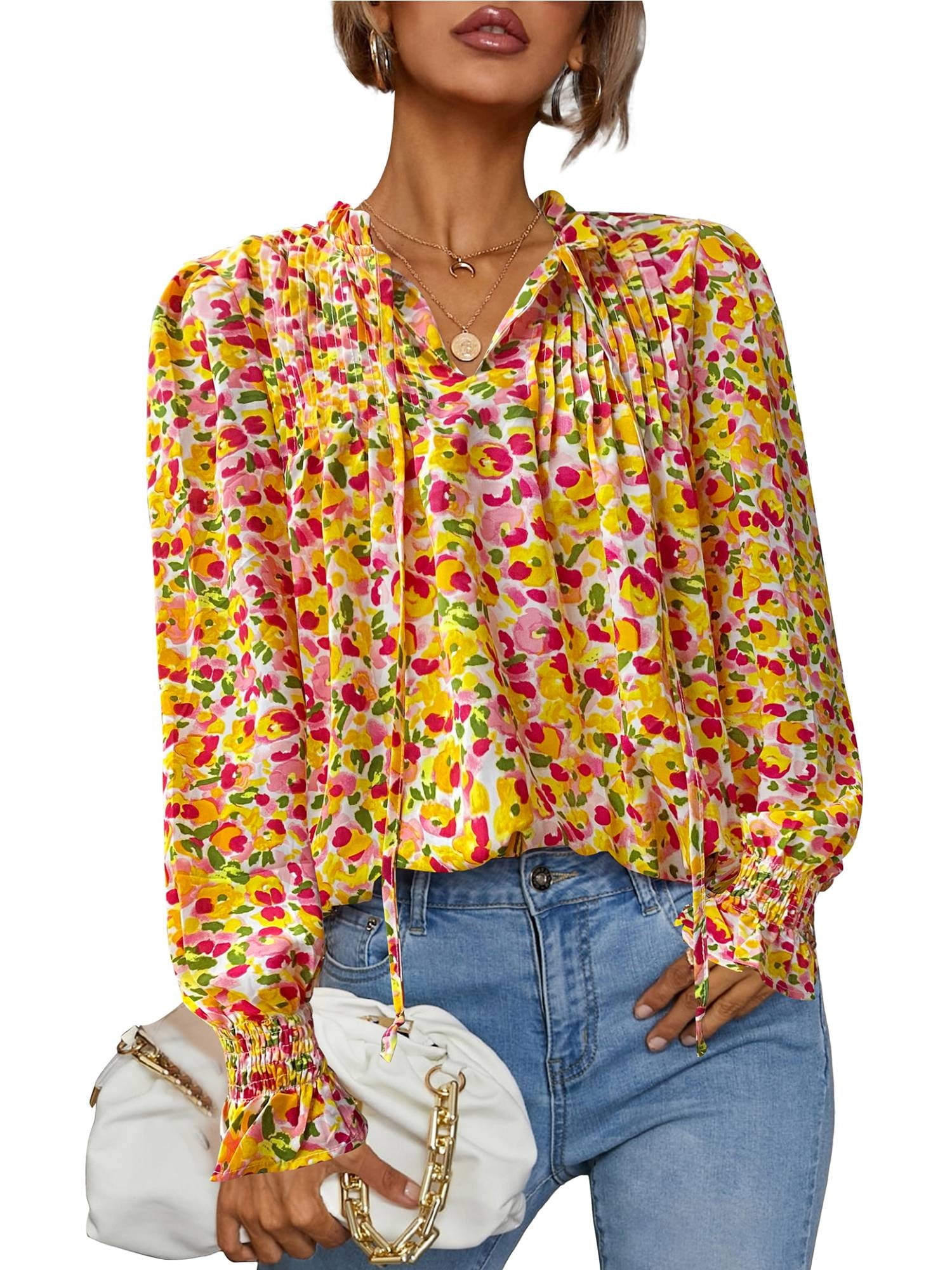 Weardear Flowy Long Sleeve Tops for Women Casual Boho Blouse Floral Printed V Neck Shirts