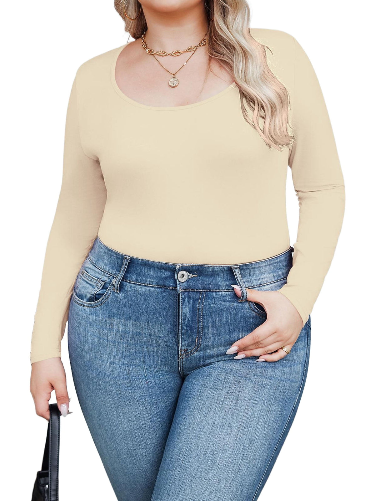 Weardear Plus Size Tops for Women Scoop Neck Long Sleeve Tight T Shirts Casual Basic Tunic Tops