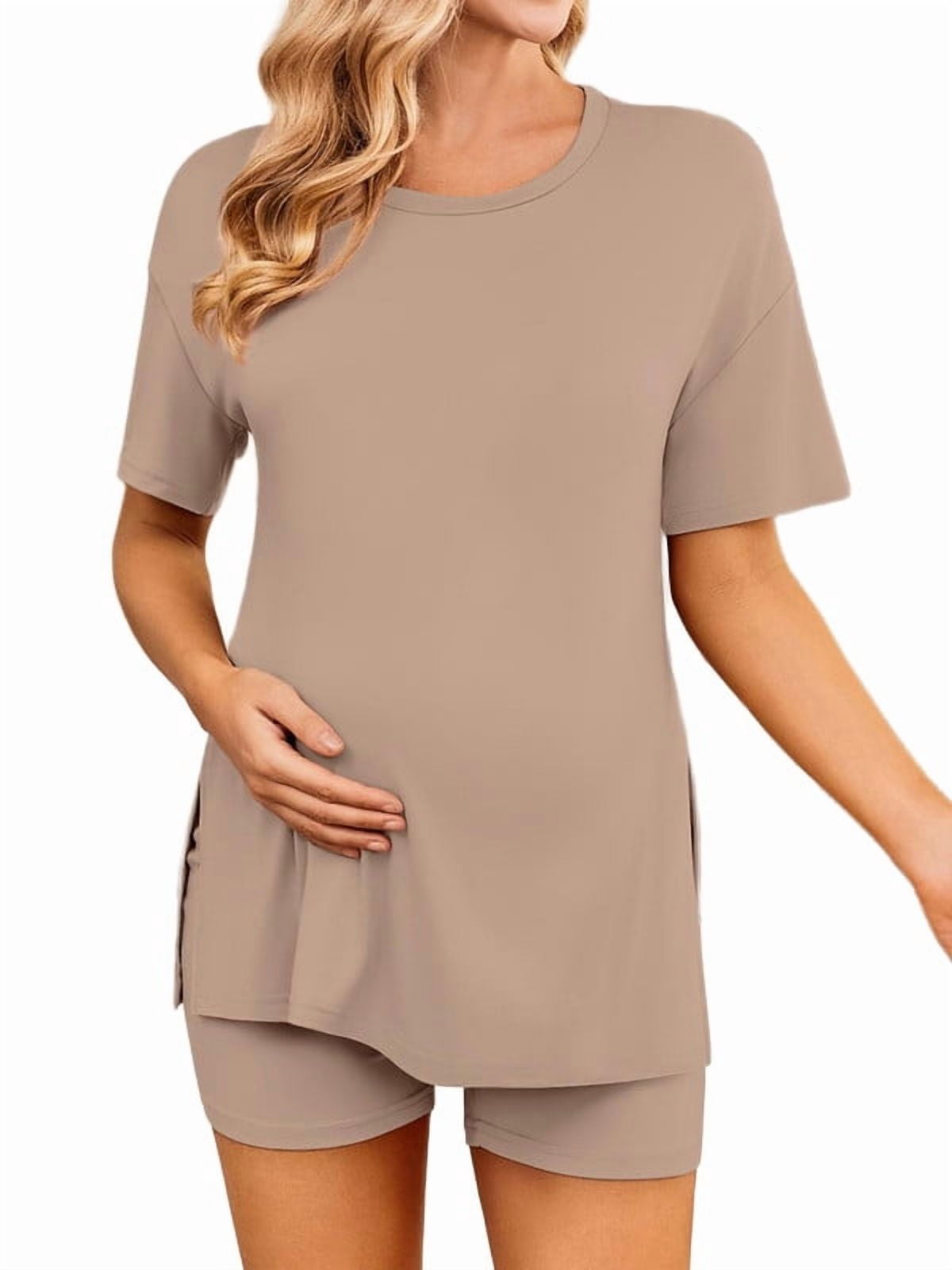 Weardear Maternity Sets 2 Piece Outfits Drop Shoulder Short Sleeve Split Side Shirts and Biker Shorts Summer Pregnancy Clothes