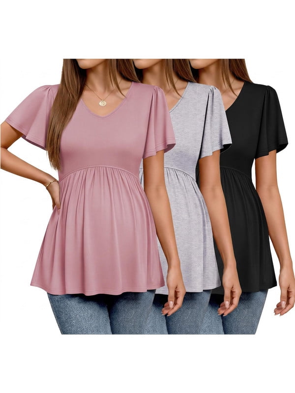 Weardear 3 Packs Womens Maternity Shirts Flying Short Sleeve V Neck T-Shirt Summer Empire Waist Pregnancy Tops