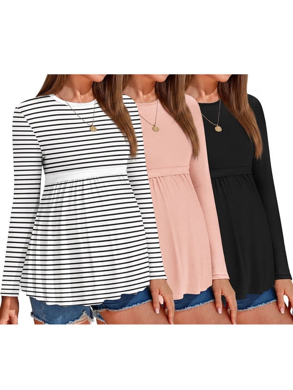 Weardear 3 Pack Womens Maternity Tops Pleated Long Sleeve Pregnancy Shirts Regular Fit Tunic Casual Maternity Clothes