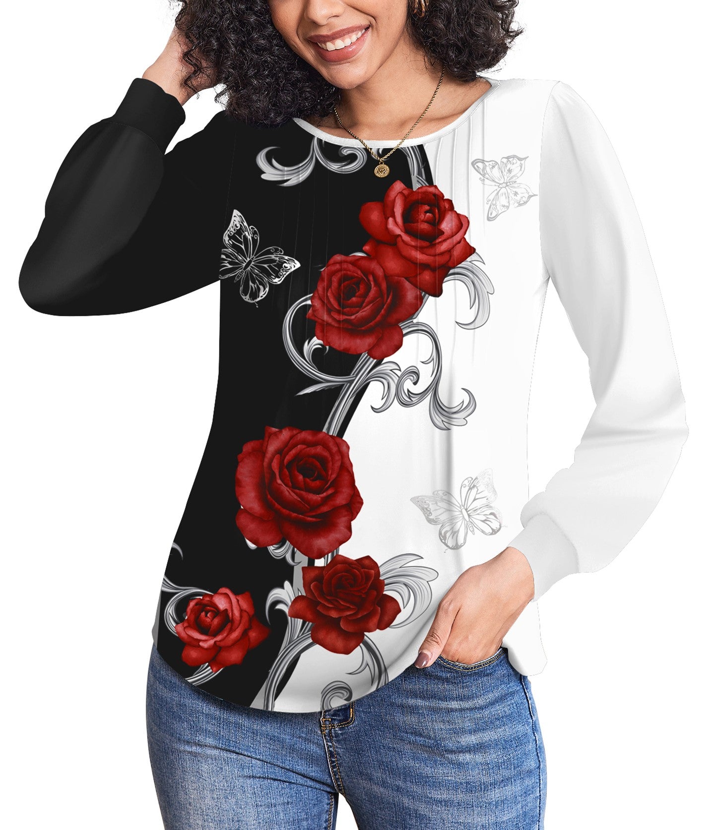 Weardear Women's Fall Blouses Puff Long Sleeve Pleated Crew Neck Tunic Tops Dressy Casual Loose Work T-Shirts
