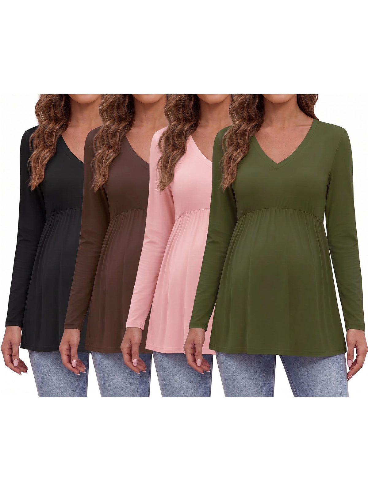 Weardear Maternity Tops Long Sleeve Pleated Waist Pregnancy Shirts V Neck Casual Pregnant Clothes Tunic Blouse for Women