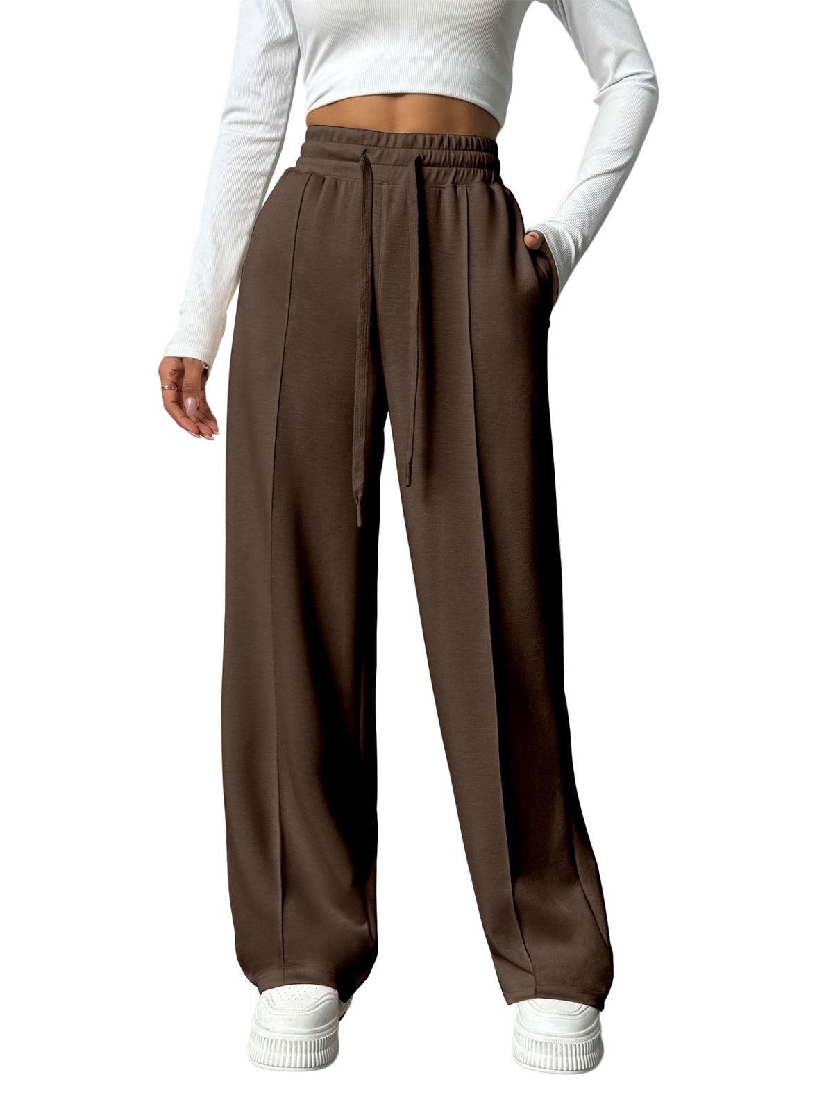 Weardear Petite Wide Leg Sweatpants for Women Drawstring Elastic Pants with Pockets High Waisted Workout Baggy Sweatpants