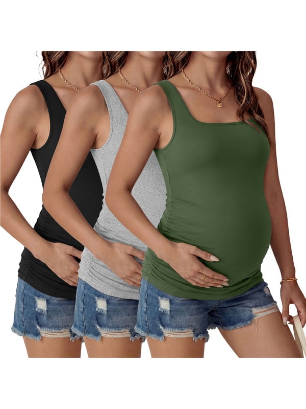 Weardear 3 Pack Womens Maternity Tank Tops Square Neck Ruched Side Pregnant Basic T Shirt Casual Sleeveless Pregnancy Tunic Tops