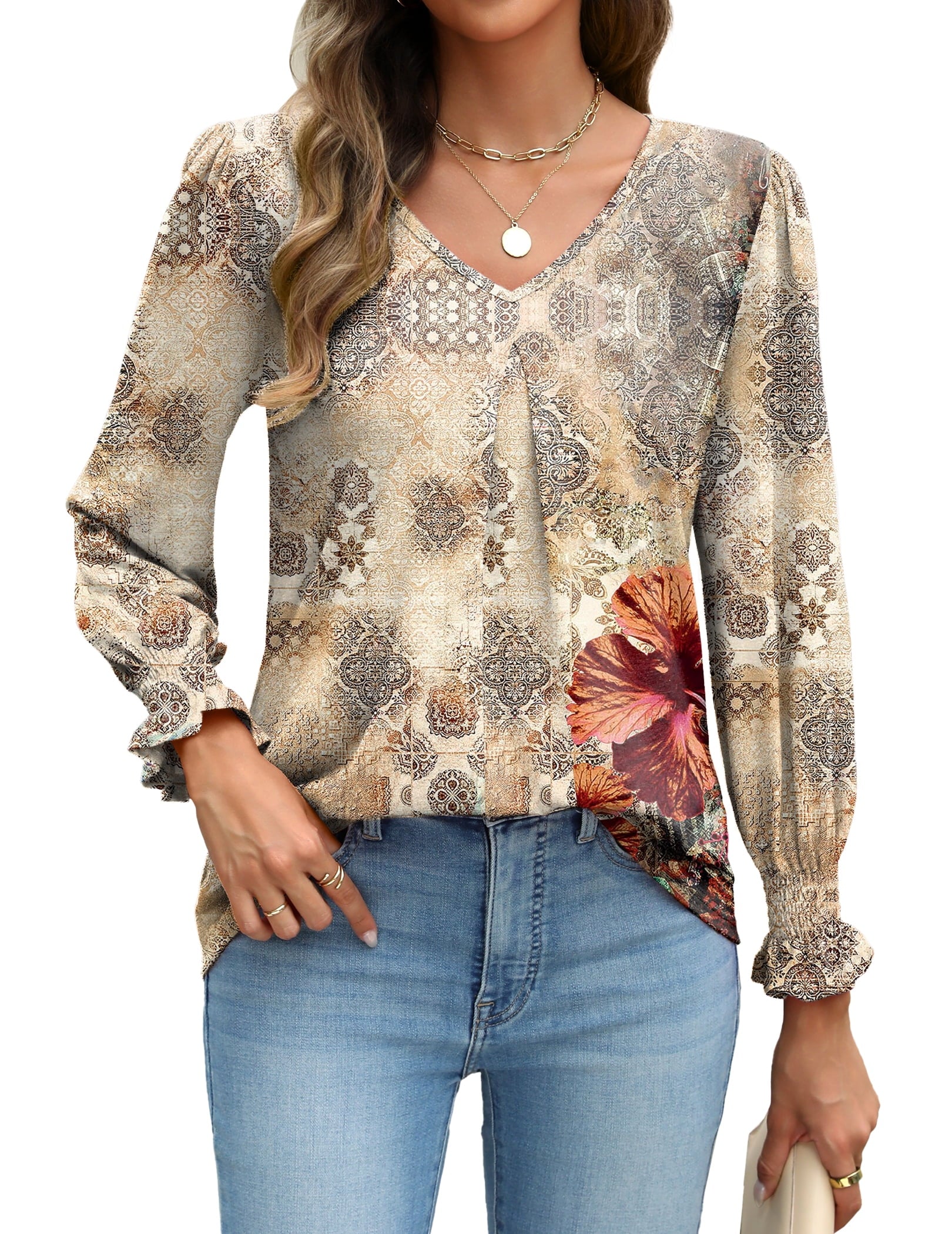 Weardear Long Sleeve Tops for Women Casual V Neck Loose Chiffon Work Blouse Smocked Tunic Shirts