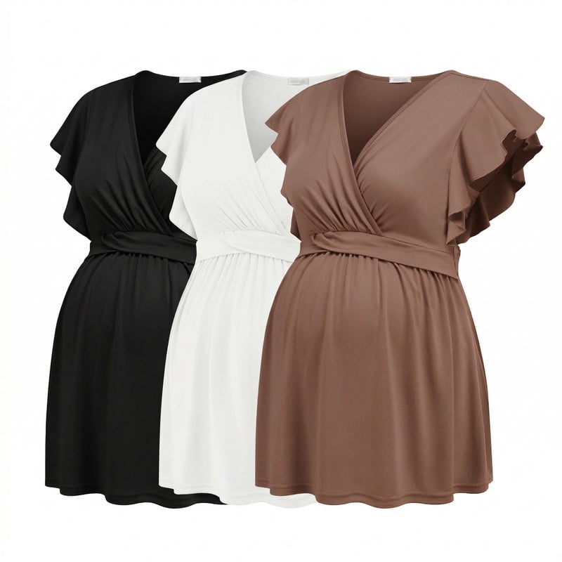 Weardear 3 Pack Maternity Tops Flying Shorts Sleeve Nursing Shirts V Neck Ruched Twisted Pregnancy Clothes