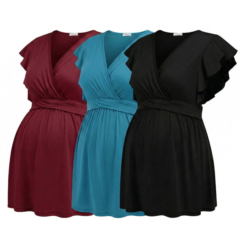Weardear 3 Pack Maternity Tops Flying Shorts Sleeve Nursing Shirts V Neck Ruched Twisted Pregnancy Clothes