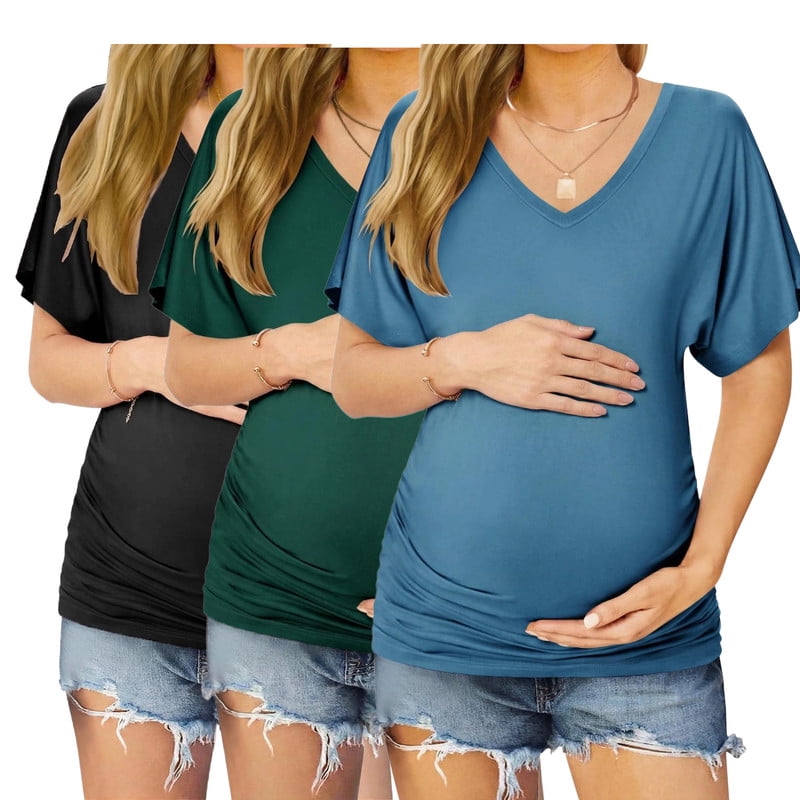 Weardear 3 Pack Maternity Shirts Dolman Sleeve Side Ruched Pregnancy Tee Tops V Neck Postpartum Tunic Blouse