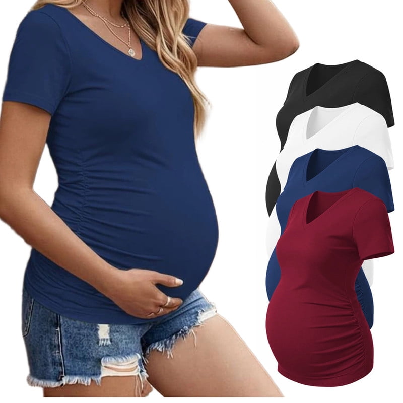Weardear 4 Pack Maternity Shirts Side Ruched Pregnancy Tee Tops V Neck Short Sleeve Postpartum Clothes