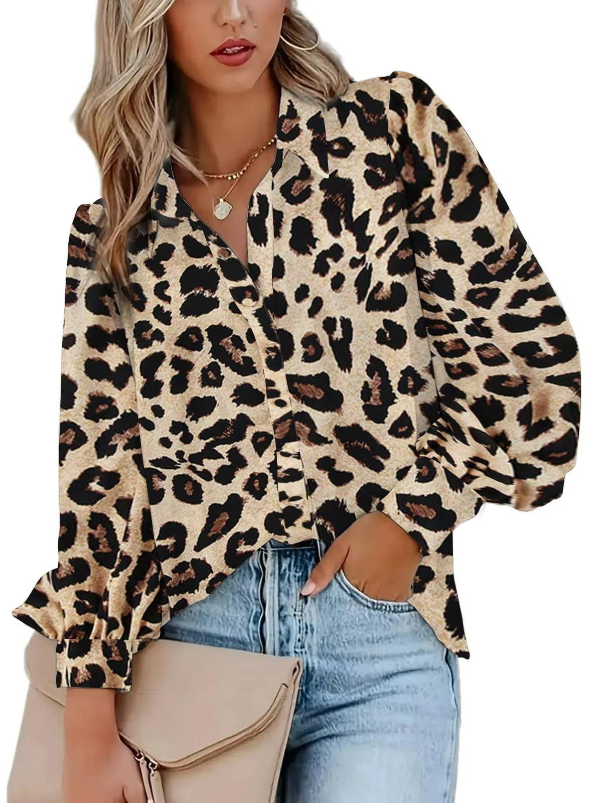 Weardear Womens Shirts Button Down Printed Lantern Long Sleeve Blouse Fashion Casual Tops 2025