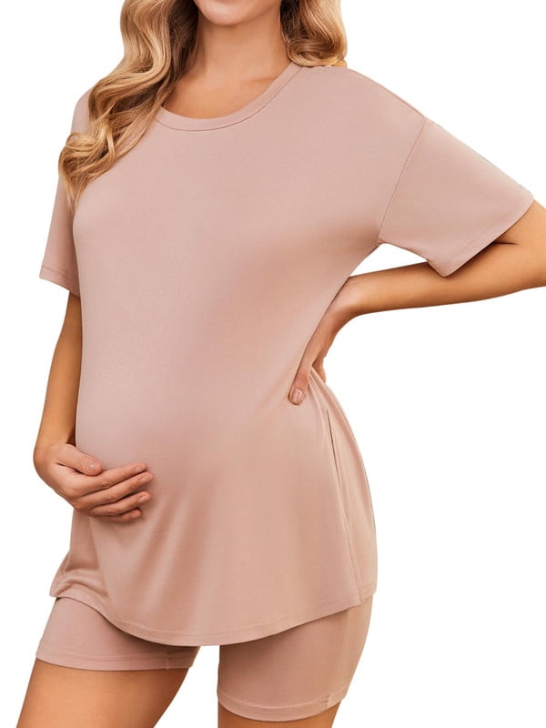 Weardear Maternity Sets 2 Piece Outfits Drop Shoulder Short Sleeve Split Side Shirts and Biker Shorts Summer Pregnancy Clothes