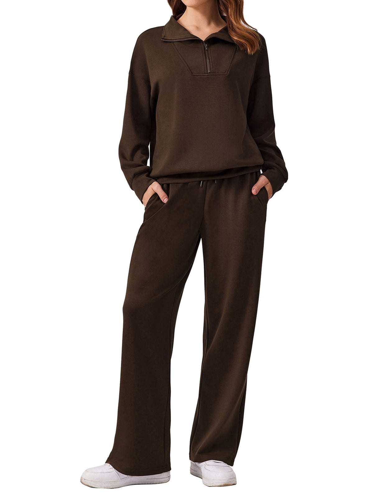 Weardear Tall 2 Piece Matching Outfit Set for Women Half Zip Long Sleeve Sweatshirt and Wide Leg Sweatpants with Pockets Casual Tracksuit