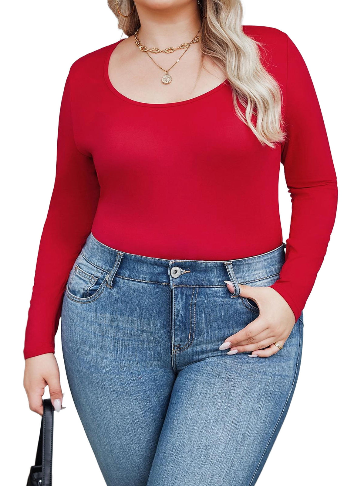 Weardear Plus Size Tops for Women Scoop Neck Long Sleeve Tight T Shirts Casual Basic Tunic Tops