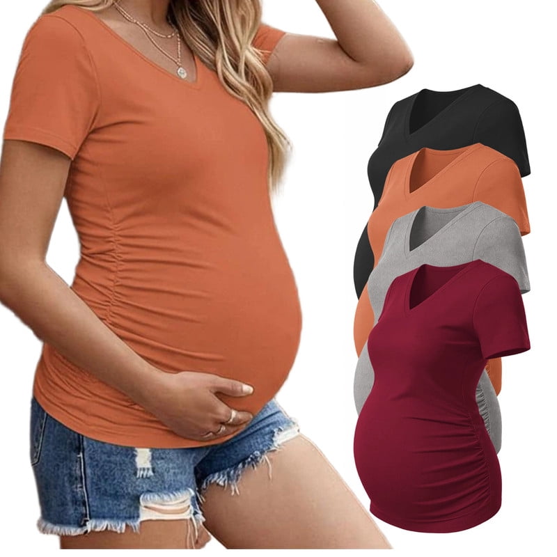 Weardear 4 Pack Maternity Shirts Side Ruched Pregnancy Tee Tops V Neck Short Sleeve Postpartum Clothes