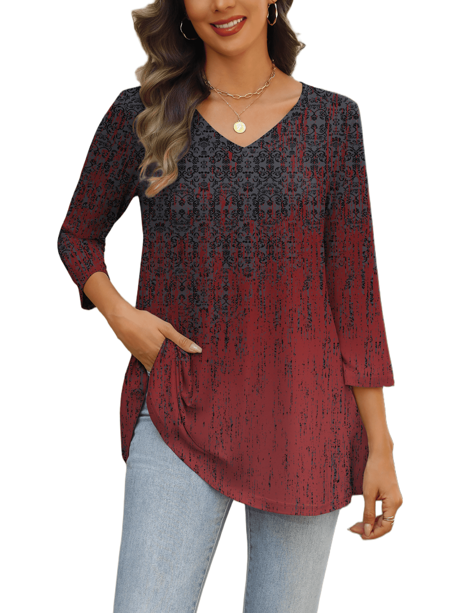 Weardear Womens V Neck 3/4 Sleeve Dressy Blouses Casual Loose Fit Tunic Tops Boho Business Blouses