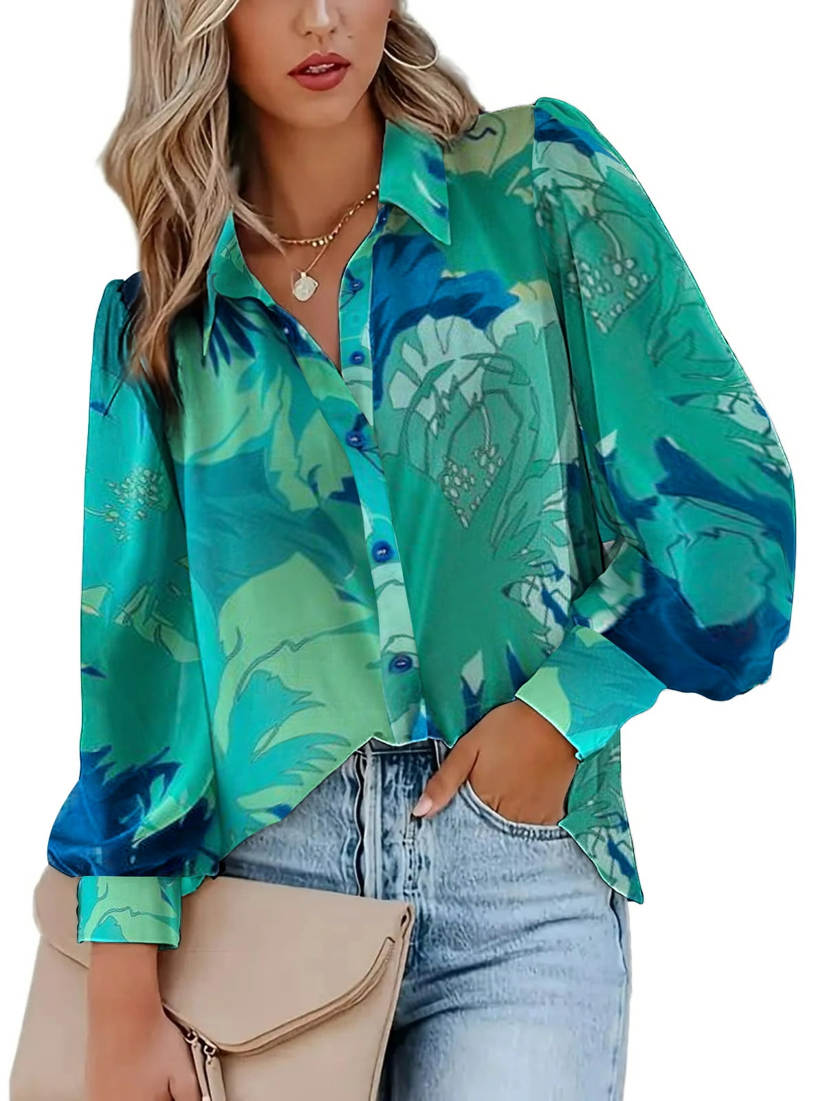 Weardear Womens Shirts Button Down Printed Lantern Long Sleeve Blouse Fashion Casual Tops 2025